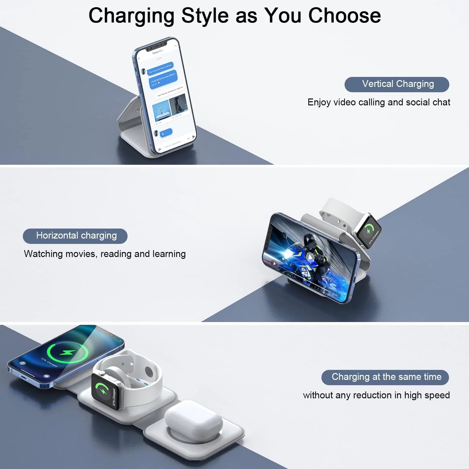3-In-1 Wireless Charger Compatible with Multiple Devices Including Iphone 17/16/15/14/13 Series, Airpods 4/3/Pro, and Iwatch (Adapter Included) - Magnetic Foldable Design